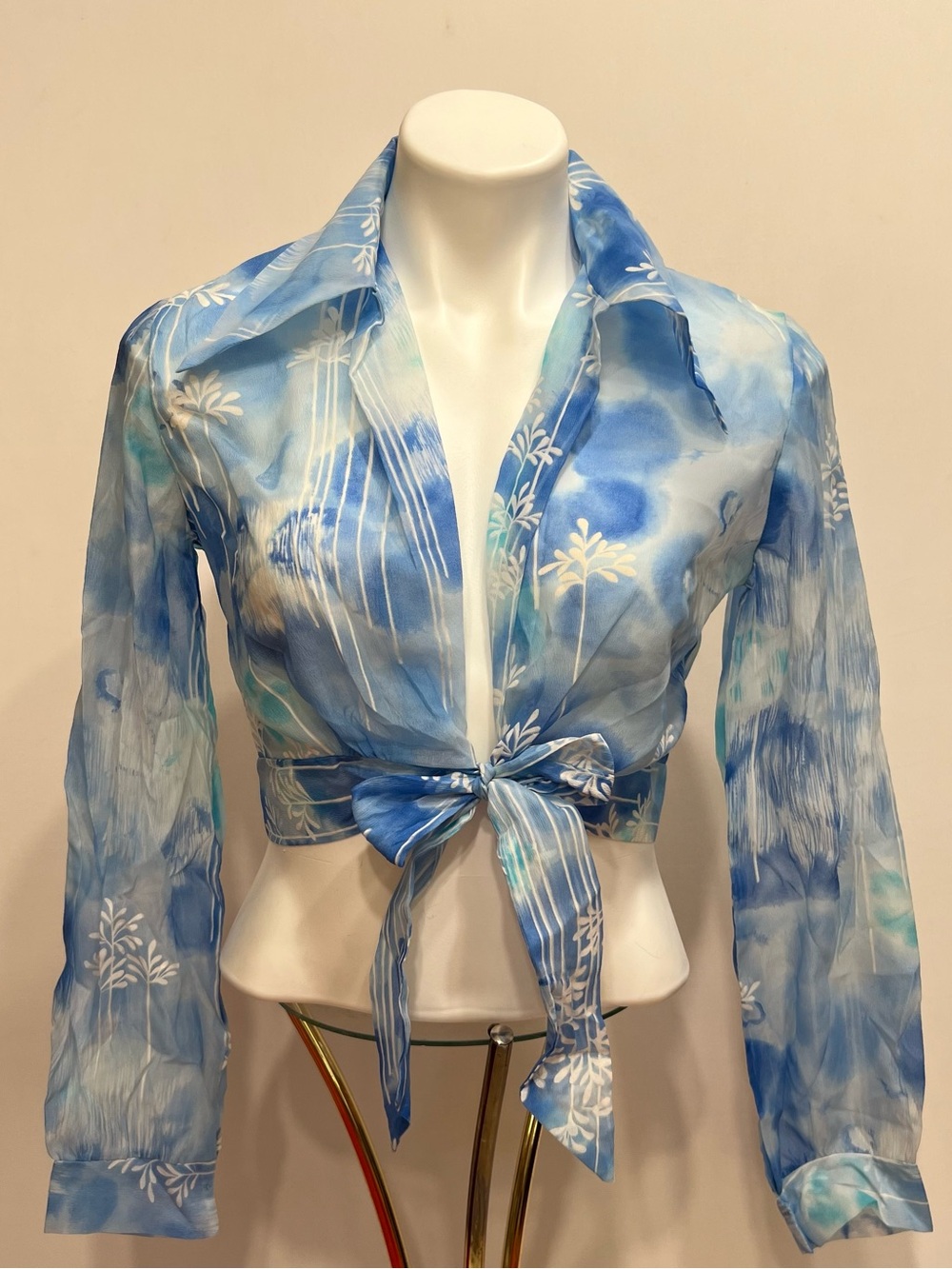 Vintage 1970s Sheer Blue Tie Front Crop Top Sz Small Boho Festival Fairycore